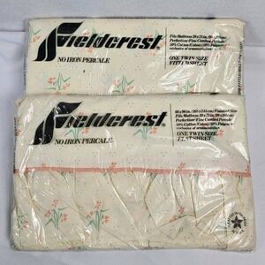 VTG 1970s Fieldcrest Twin Percale Floral Ruffles Fitted + Flat Sheet Set NOS